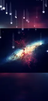 Vibrant galaxy in deep space with starry background.