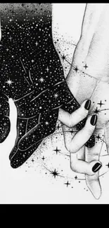 Black and white artistic hand-holding with starry details.