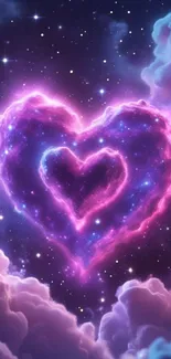 Violet nebula heart with stars and clouds in space.