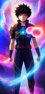 Anime hero with cosmic aura against a galaxy backdrop.