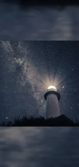 Lighthouse under galactic night sky with stars.