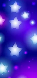 Neon stars glowing on a purple-blue gradient background.