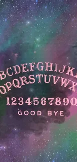 Pastel galaxy wallpaper with letters and numbers.