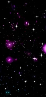 Purple galaxy wallpaper with glowing stars and cosmic elements.