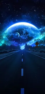 Road leading into a cosmic night sky with glowing planets and stars.