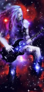 Rock musician in a cosmic starry nebula setting.