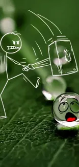 Stick figure smashing a droplet on a green leaf background.