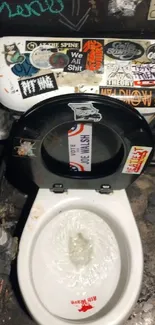 Grunge style toilet with urban stickers and graffiti.