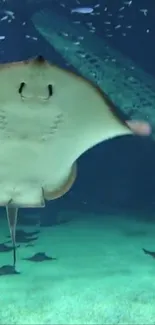 A graceful stingray glides through deep blue ocean waters.