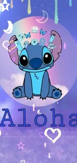 Stitch character on a purple background with 'Aloha' text.