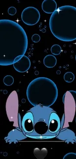 Cute Stitch wallpaper with bubbles on a dark background.