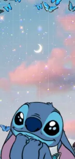 Stitch with butterflies in a starry sky with a dreamy pink and blue background.