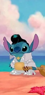 Stitch in Elvis outfit playing guitar on beach.