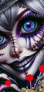 Stitch face doll with vibrant eyes and stitches, blending horror and fantasy.