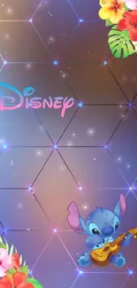 Disney's Stitch with flowers and hexagonal background wallpaper.