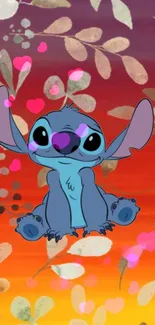 Stitch sitting in a vibrant floral background with sunset colors and hearts.