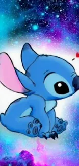 Stitch sitting in a cosmic galaxy with vibrant blue and purple colors.