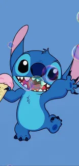 Stitch with ice cream on blue background.