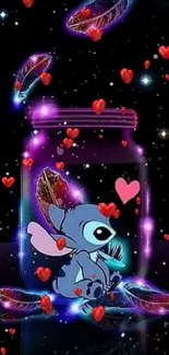 Stitch sits in a glowing cosmic jar surrounded by feathers and a heart.