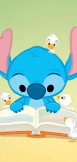 Stitch reading with ducks on a cartoon wallpaper.