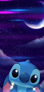 Stitch looking up at the moon under a starry night sky.