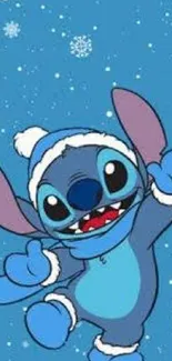 Stitch dressed in winter clothes on a blue background with snowflakes.