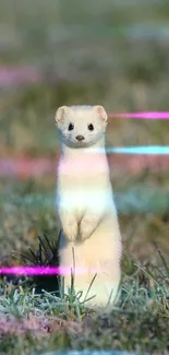 White stoat standing in frosty grass.