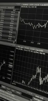 Black and white stock market data with charts and graphs.
