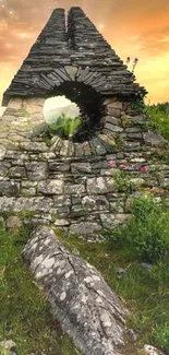 Stone archway surrounded by lush greenery at sunset.