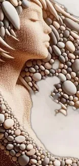 Artistic beige stone texture wallpaper featuring a woman composed of pebbles.