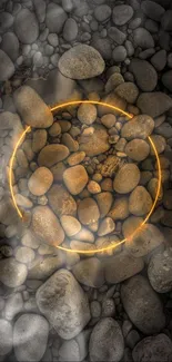 Glowing circle amidst grey stones in a serene mobile wallpaper.