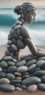 Sculpted stone figure on a serene beach with ocean waves in the background.