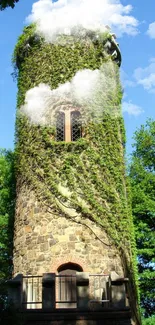 Ivy-covered stone tower in a lush forest.