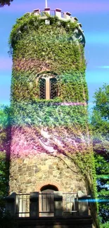 An ivy-covered stone tower surrounded by lush greenery.