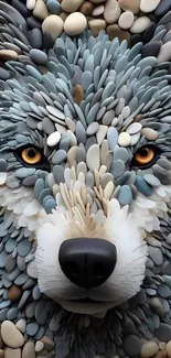 Artistic stone wolf design with gray, beige, and white hues.