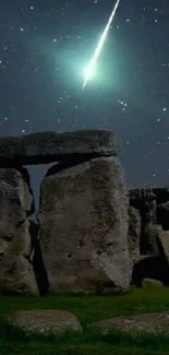 A meteor streaks over Stonehenge under a starry night sky.