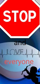 Love-themed wallpaper with stop sign on blue abstract background.