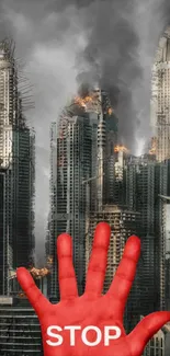 A red hand with 'STOP' in front of burning skyscrapers.