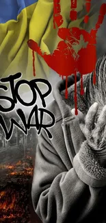 Powerful anti-war wallpaper with symbolic red imagery, calling for peace.