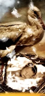 Stork with baby in nest surrounded by feathers.