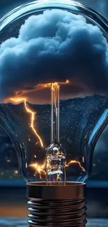 A creative storm inside a lightbulb, featuring clouds and lightning.
