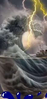 Surreal storm in a teacup with ship and lightning, perfect for a mobile wallpaper.