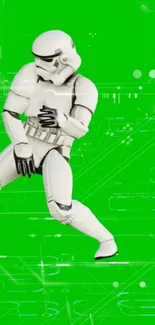 Stormtrooper dancing on neon green futuristic backdrop.