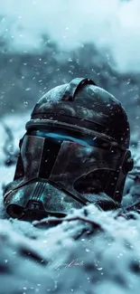 Stormtrooper helmet in snowy setting on wallpaper.