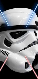 Stormtrooper helmet with red and blue lightsabers on black background.