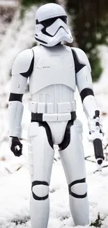 Stormtrooper standing in a snowy forest scene, holding a blaster.