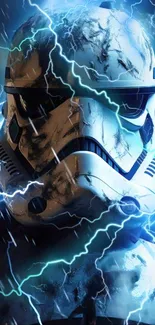 Stormtrooper with blue lightning in the background.