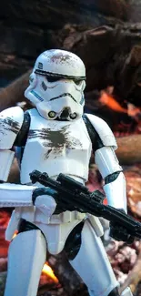 Stormtrooper figure with flames in background.