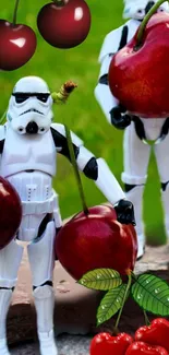 Stormtroopers holding large cherries in a vivid green setting.