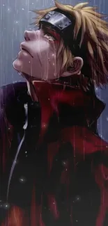 Anime character looking up into the rain, wearing a dark red cloak.